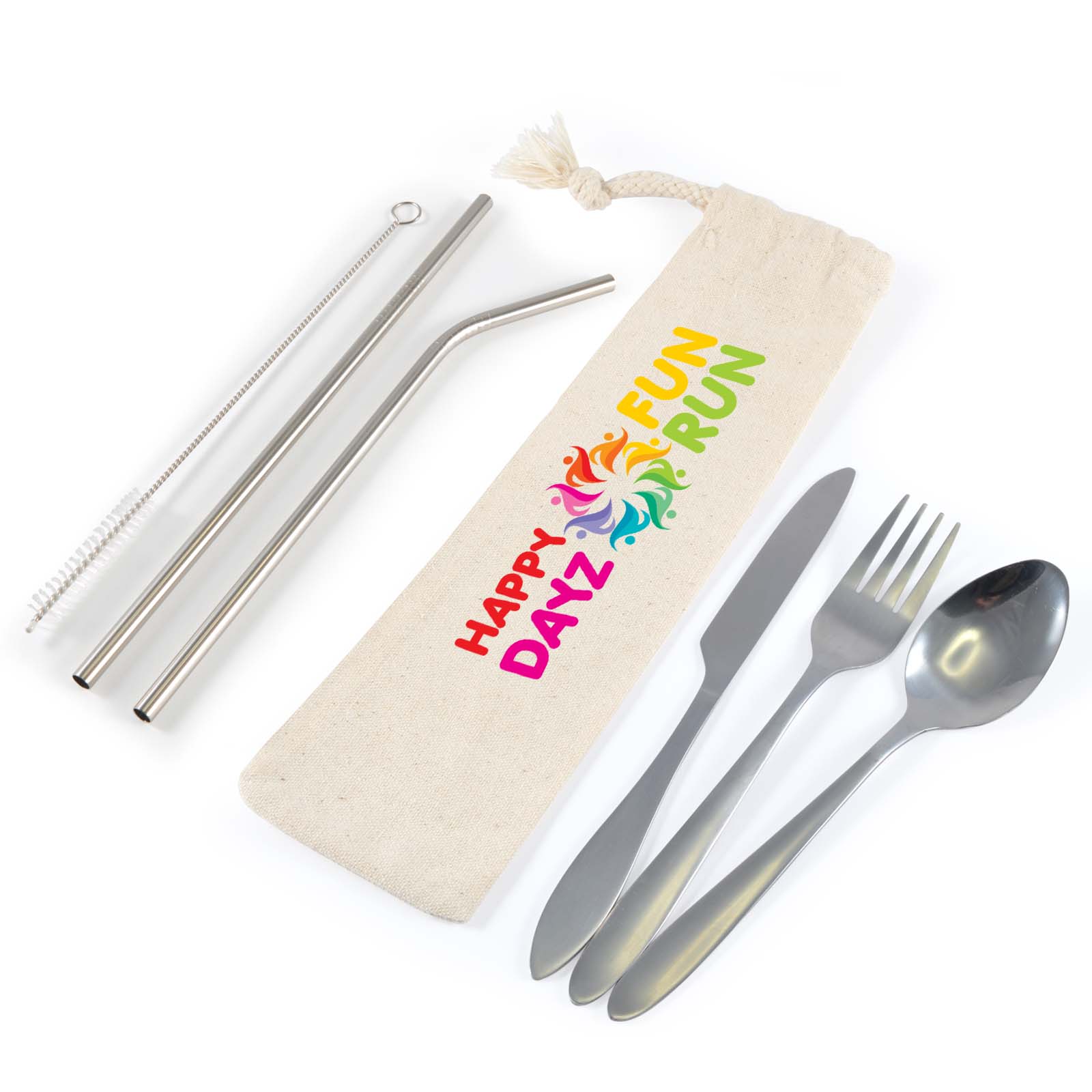 LL8800 - Banquet Stainless Steel Cutlery & Straw Set in Calico Pouch